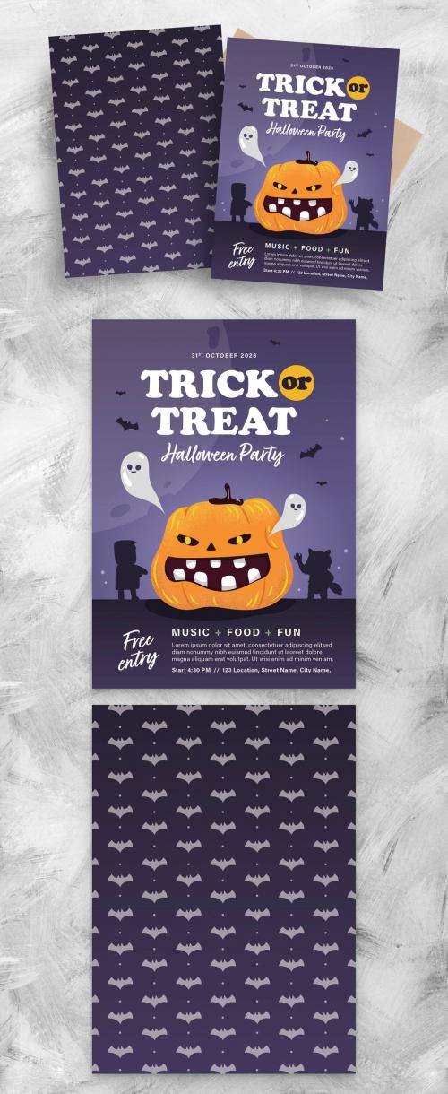 Halloween Trick or Treat Flyer Poster with Grinning Pumpkin