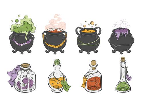 Magic Potion Spell Jars Witch Cauldron Halloween Vector Clipart