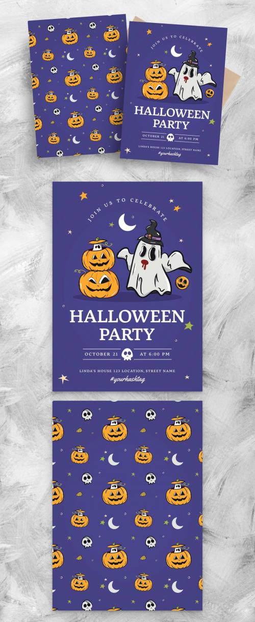 Halloween Party Flyer with Pumpkin Ghost Illustrations