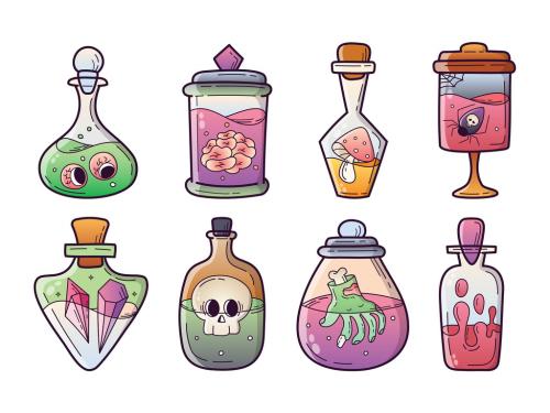 Magic Potion Poison Bottles Witchcraft Halloween Spell Jars Clipart Illustration