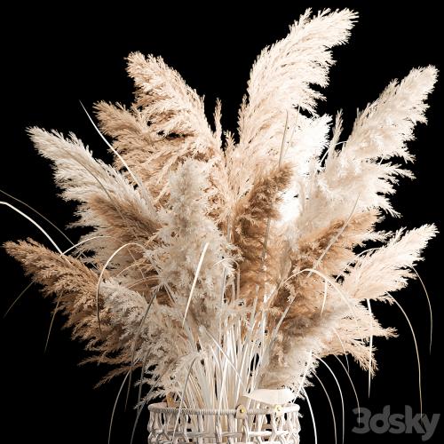 Bouquet of white dried flowers in a wicker basket, reeds, pampas grass, Cortaderia. 256.