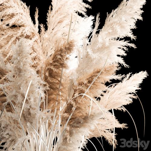 Bouquet of white dried flowers in a wicker basket, reeds, pampas grass, Cortaderia. 256.