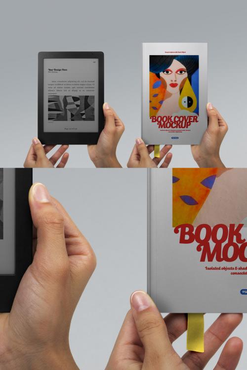 Hands Holding Book Mockup & E-Book Reader