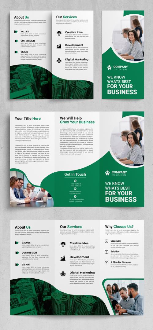 Trifold Brochure Layout with Green Triangle Designs