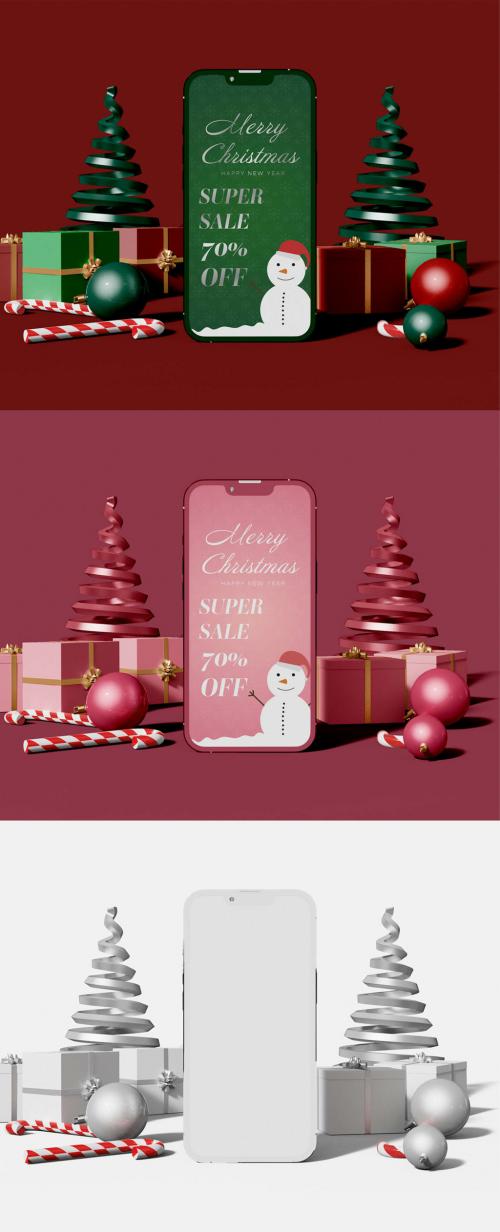 Front View of Screen Smartphone with Christmas Trees Mockup