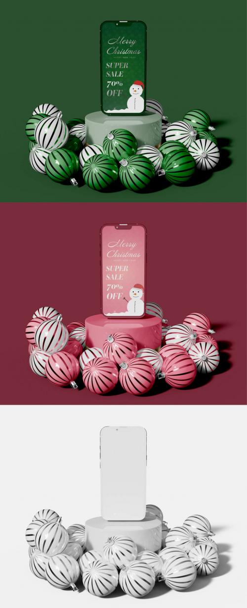 Set of Christmas Balls with Smartphone Mockup