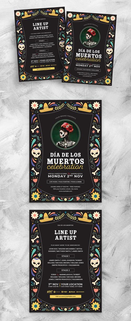 Dia De Los Muertos Flyer Poster with Mexican Illustrations