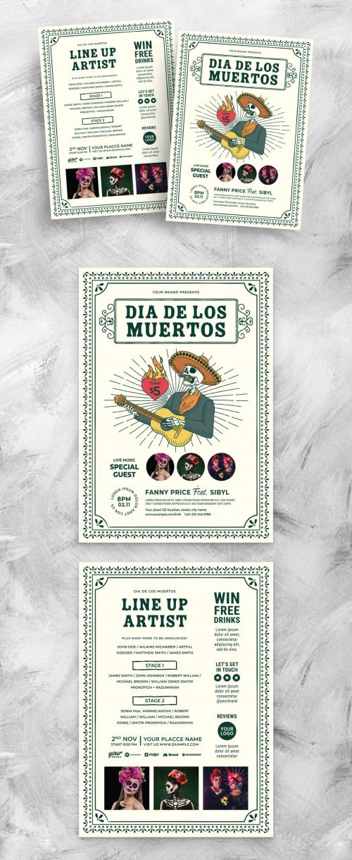 Dia De Los Muertos Flyer Poster with Calacas Character Playing Guitar