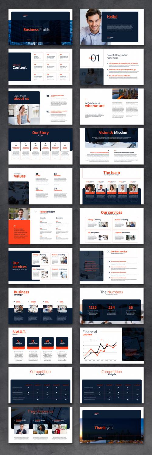 Presentation Slide Deck Layout with Orange and Blue Accents