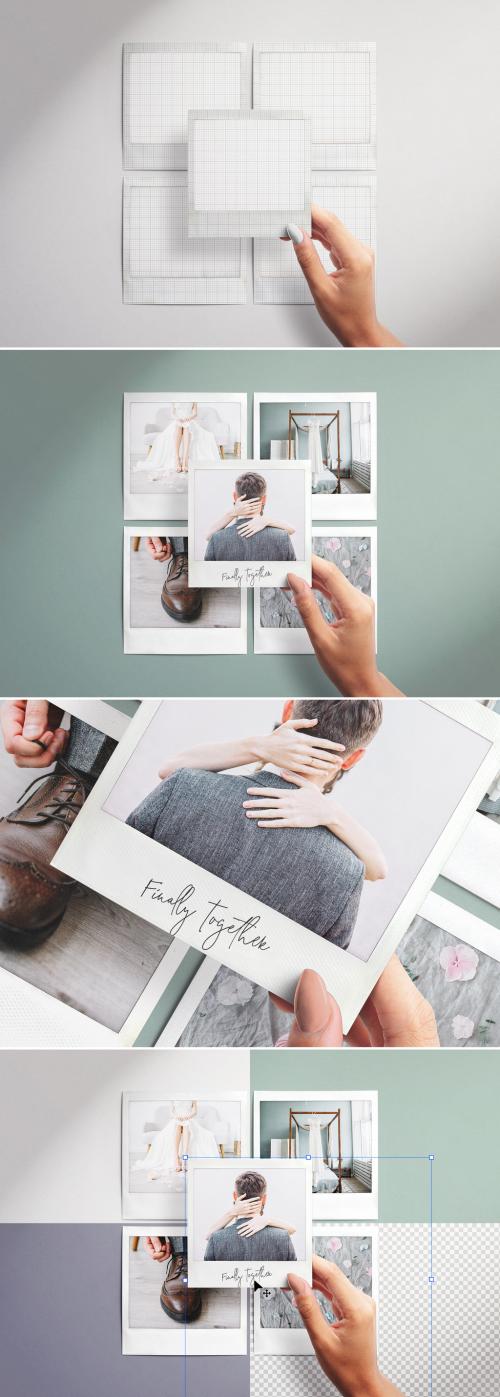 Hand Holding Instant Picture on Top of Grid of Photos Mockup