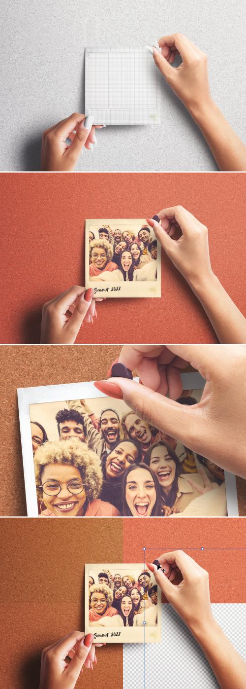 Hand Pinning Instant Photo on a Board Mockup