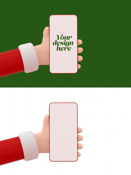 Santas Hand Holding a Mobile. Cartoon Style. Mockup