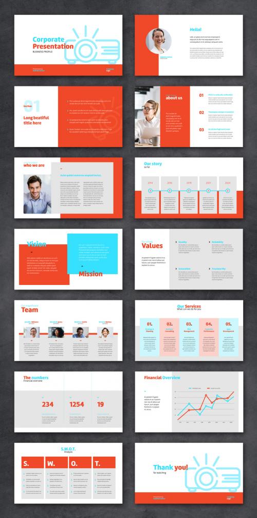 Business Presentation Slide Deck with Red and Cyan Accents