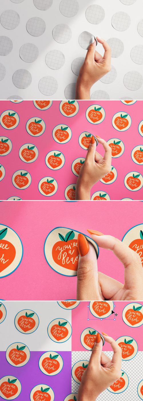 Woman Hand Peeling Round Stickers Layout Mockup