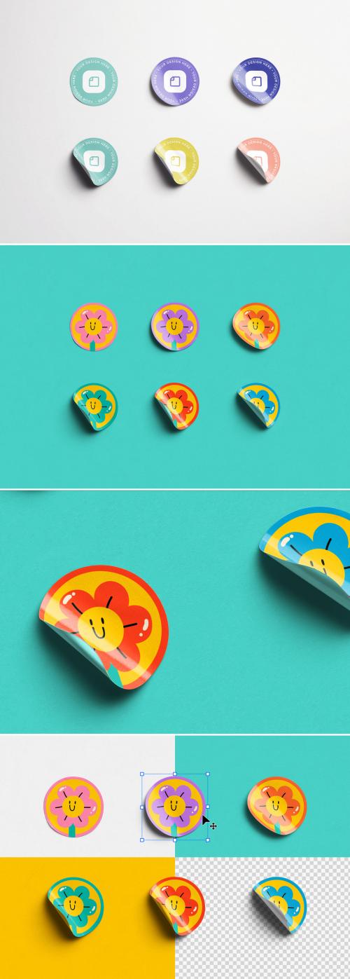 Set of Six Round Stickers Mockup