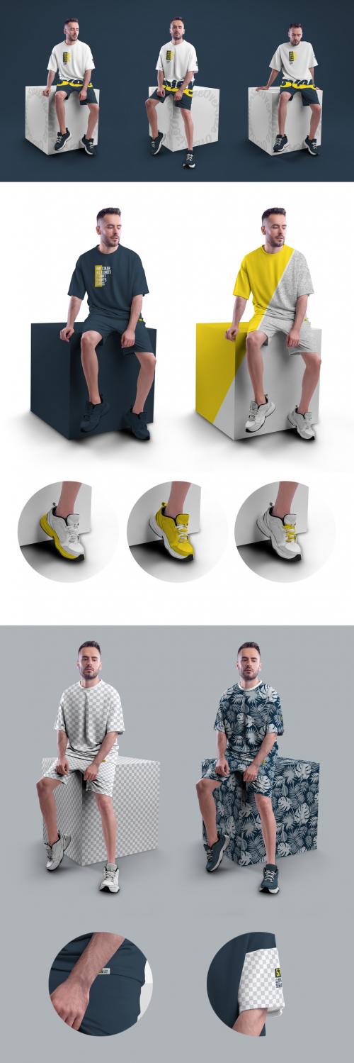 3 Mockups of Model in Oversize T-Shirt and Shorts on the Cube