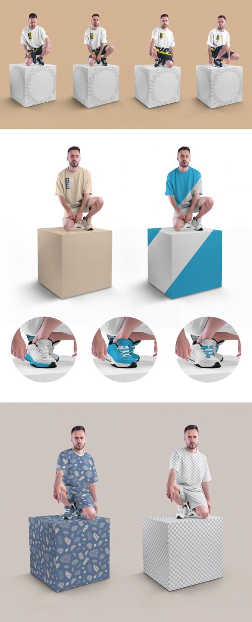 4 Mockups of Model in Oversize T-Shirt and Shorts on the Cube