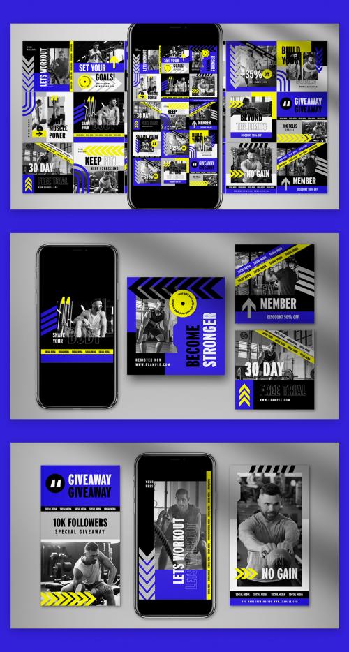 Blue Yellow Geometric Gym Social Media Layouts