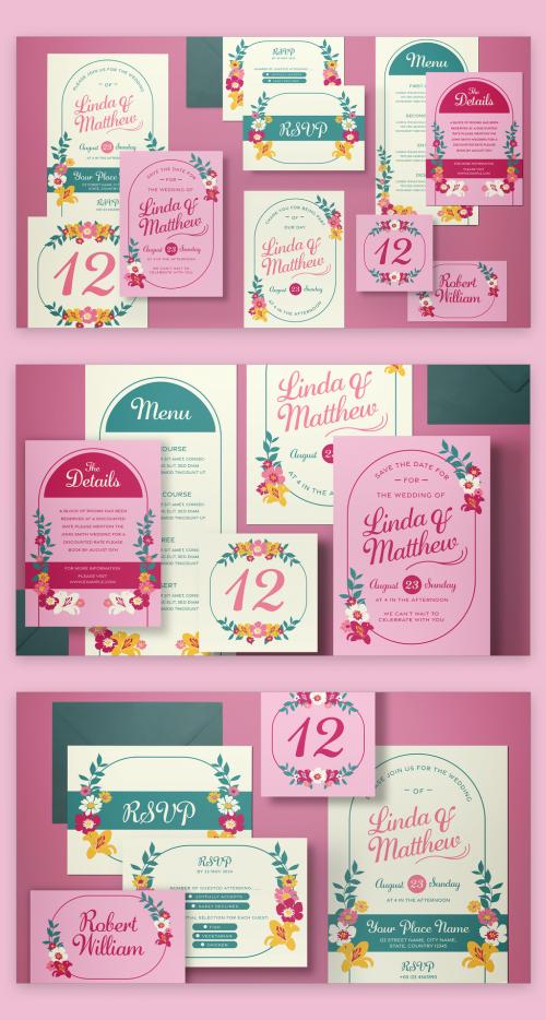 Pink Botanical Wedding Invitation Set Layout