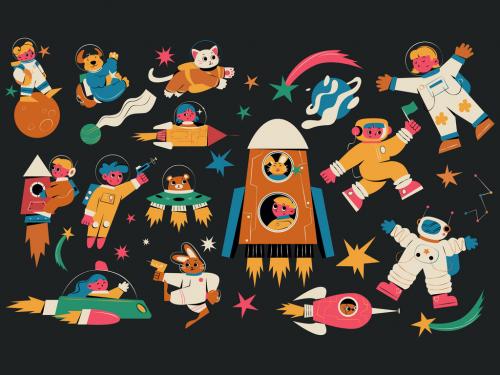 Blue Retro Cartoon Cute Astronaut Asset Illustration