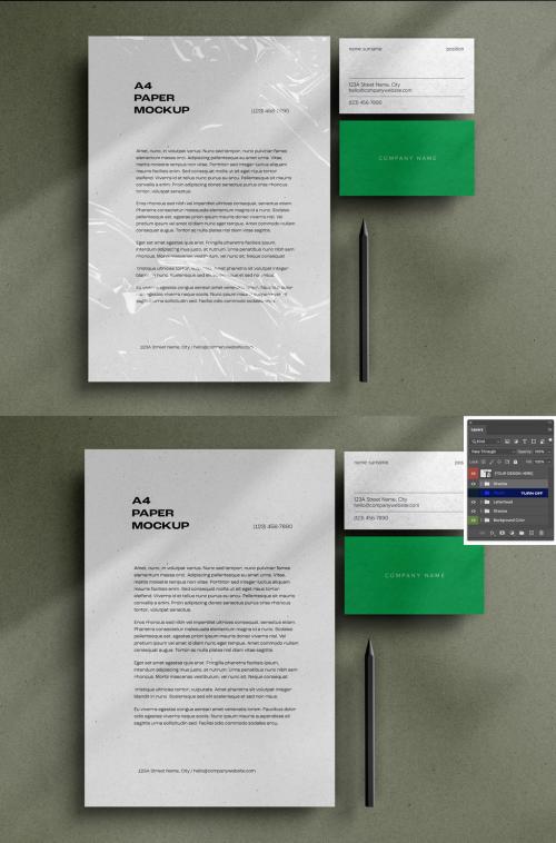 Stationary, Poster, A4 Paper, Letterhead, Flyer, Business card Mockup Design with Editable Background