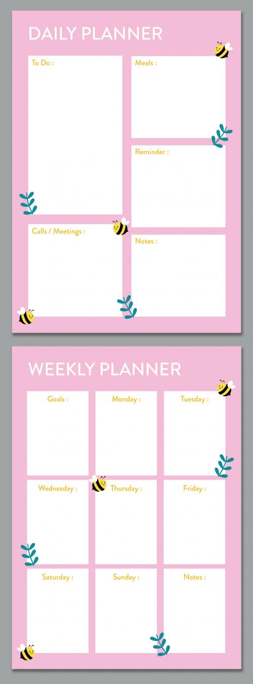 Pink Planner with Bee and Leaf Illustration