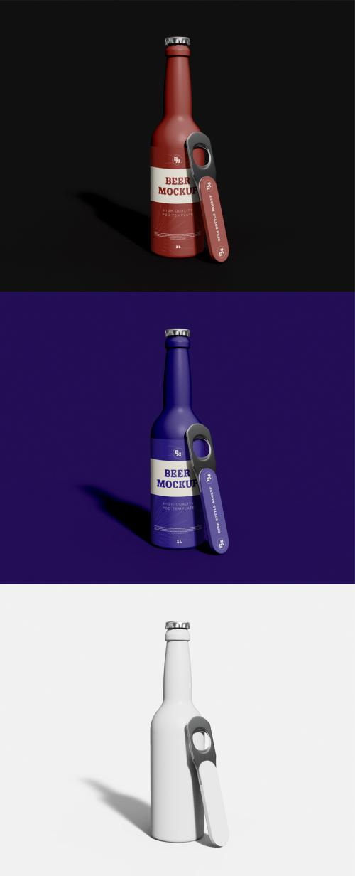 Isolated Beer Bottle with Metallic Opener Mockup