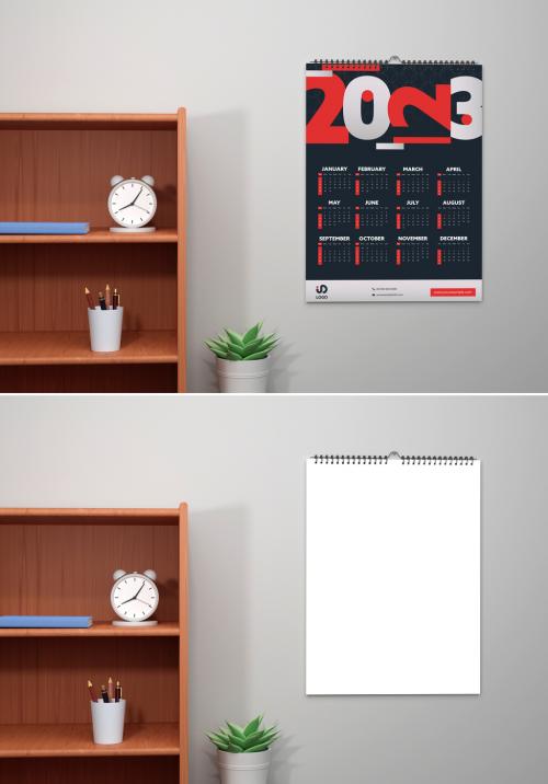 Wall Calendar Mockup with Wooden Shelf