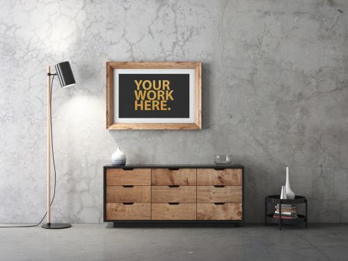 Horizontal Wooden Poster Frame Mockup Hanging Above Moderrn Bureau