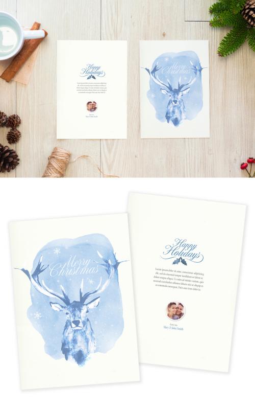 Blue Watercolor Reindeer Christmas Card