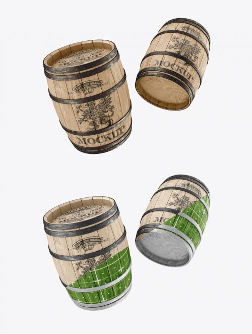 Set Wooden Barrels Mockup