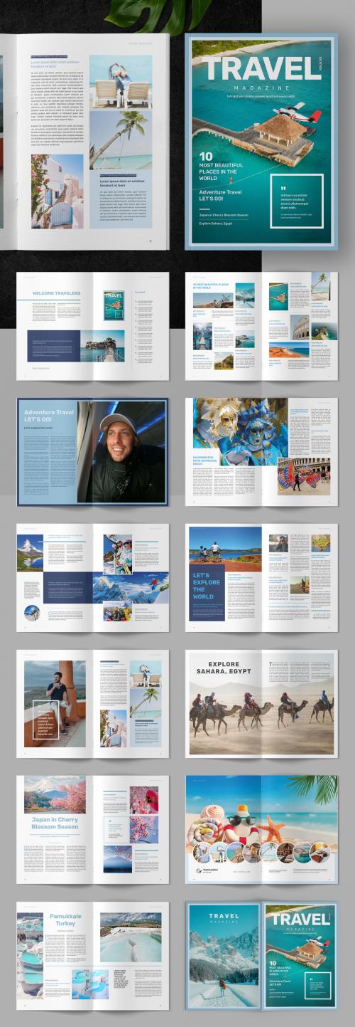 Travel Magazine Layout with Blue Accents