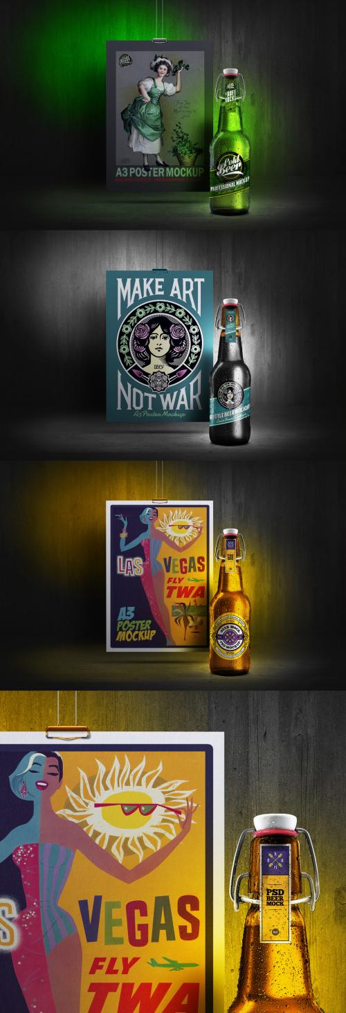 Beer Bottle Mockup 12 Oz 33 Cl Cold Poster Hanging A3 Scenes