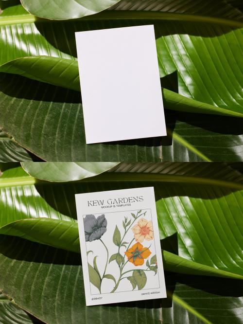 A6 Vertical Postcard Mockup on Green Plant Background