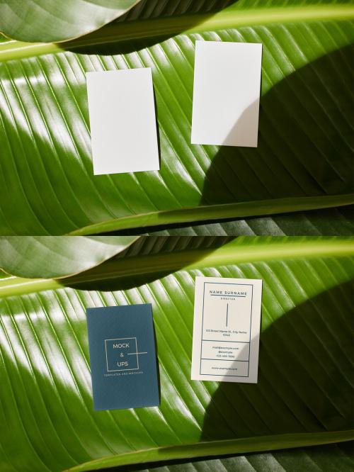 Two Vertical Business Card Mockup on Green Nature Texture