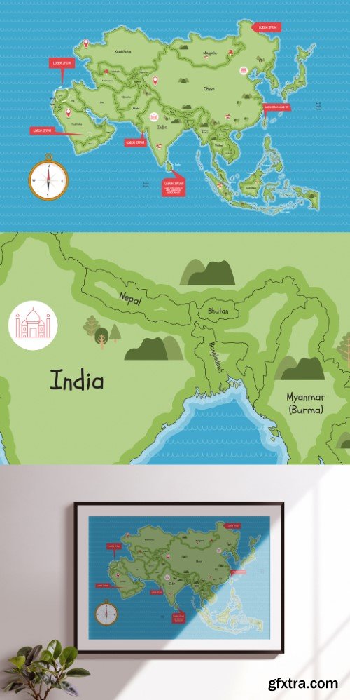 Asia Map Vector Layout in Cute Style