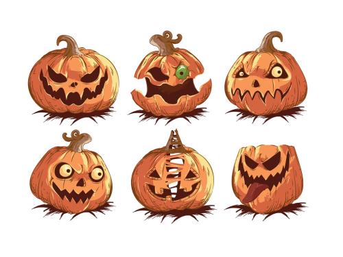 Halloween Pumpkin Jack O Lantern Illustrations with Spooky Expressions