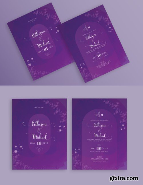 Purple Color Floral Wedding Invitation Card in Front and Back Side.