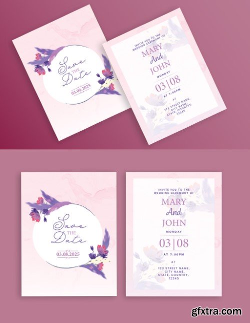 Double-Side of Wedding Invitation Card Design in Pink and White Color.