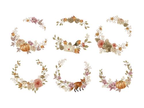 Rustic Watercolor Flower Wreaths with Autumn Fall Leaves