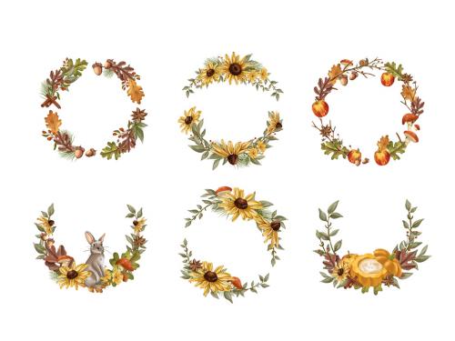 Wreath Circles of Rustic Autumn Fall Floral Leaves