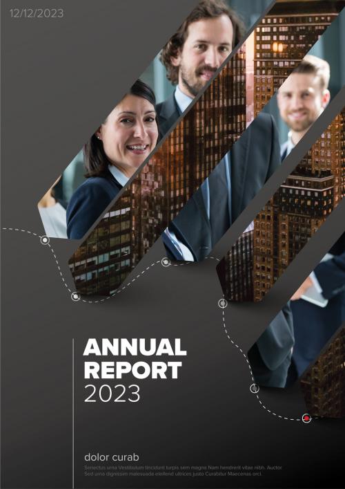 Dark Annual Report Front Cover Page Template with Dual Photo Arrow Masks