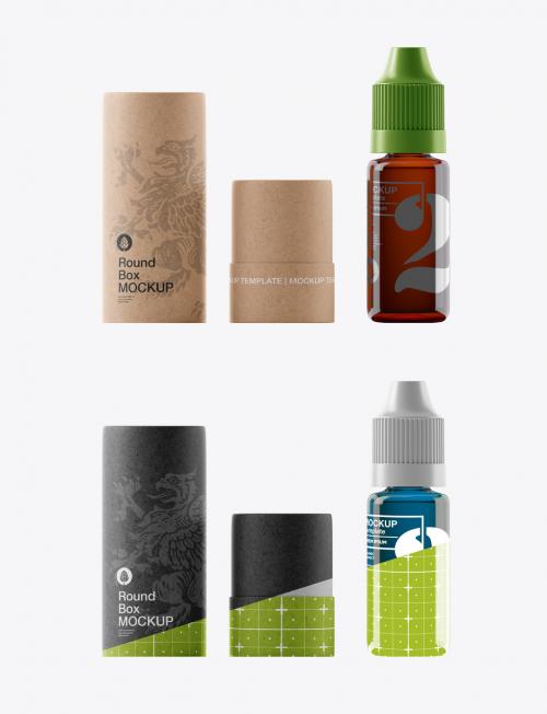 Amber Glass Dropper Bottle with Kraft Tube Mockup