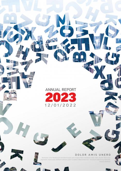 Light Annual Report Front Cover Page Template with Photo and Letters Masks