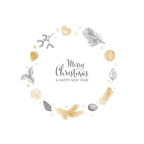 Vector Vintage Hand Drawn Christmas Card with Golden Gray Wreath