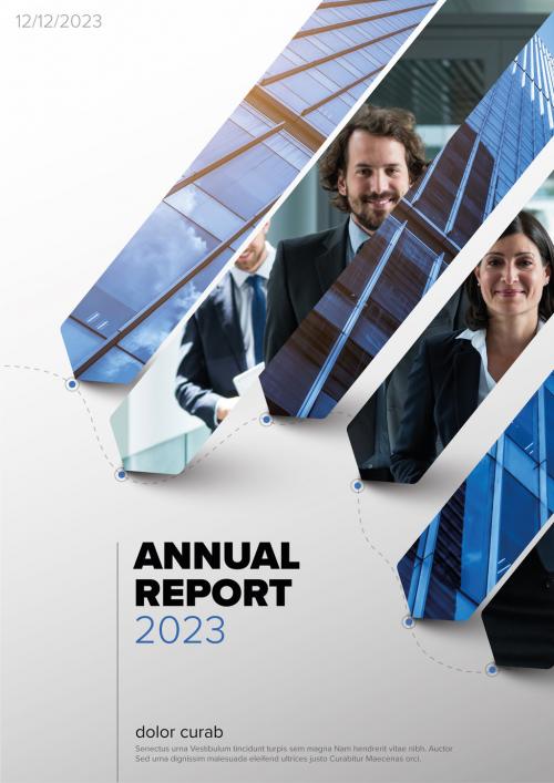 Light Annual Report Front Cover Page Template with Dual Photo Arrow Masks