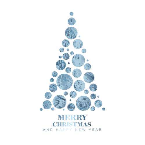 Modern Trendy Christmas Card with Blue Metallic Circles Triangle Christmas Tree