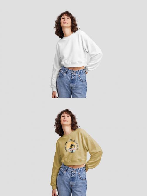 Woman Wearing Crop Top Sweatshirt Mockup