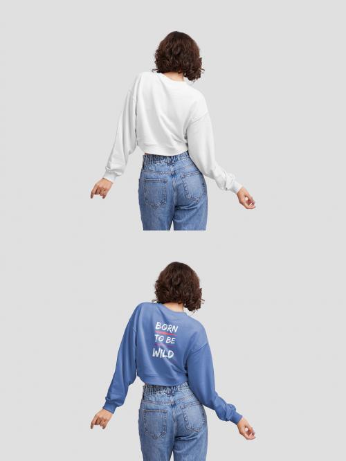 Woman Wearing Crop Top Sweatshirt Mockup from Behind