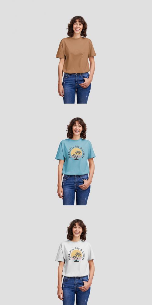 Smiling Woman Wearing a Shirt Mockup with Custom Color